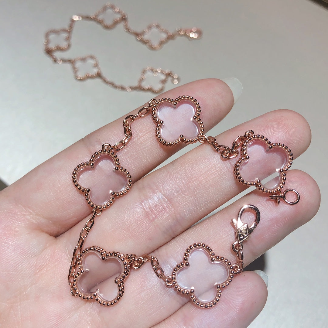 [Mystic]CLOVER 5 MOTIF ROCK CRYSTAL PINK GOLD BRACELET