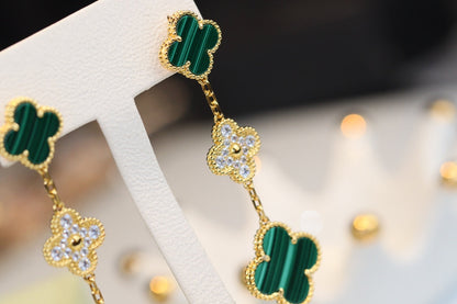 [Mystic]CLOVER EARRINGS GOLD MALACHITE DIAMOND 3 MOTIF