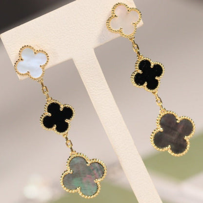 [Mystic]CLOVER EARRINGS GOLD ONYX MOP 3 MOTIF