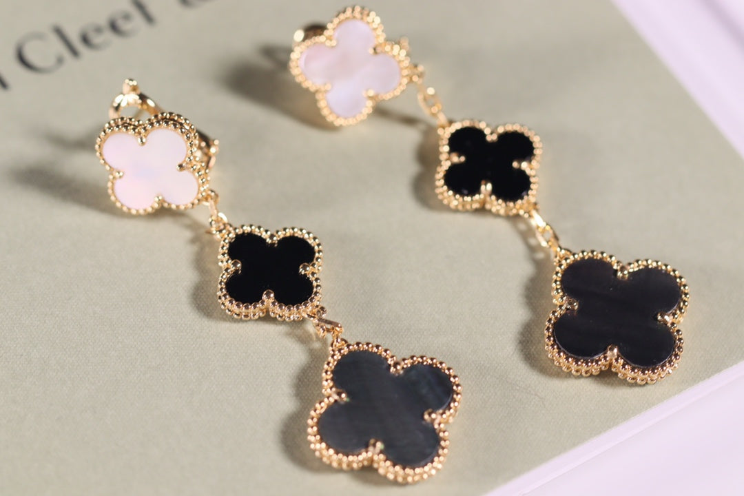 [Mystic]CLOVER EARRINGS GOLD ONYX MOP 3 MOTIF