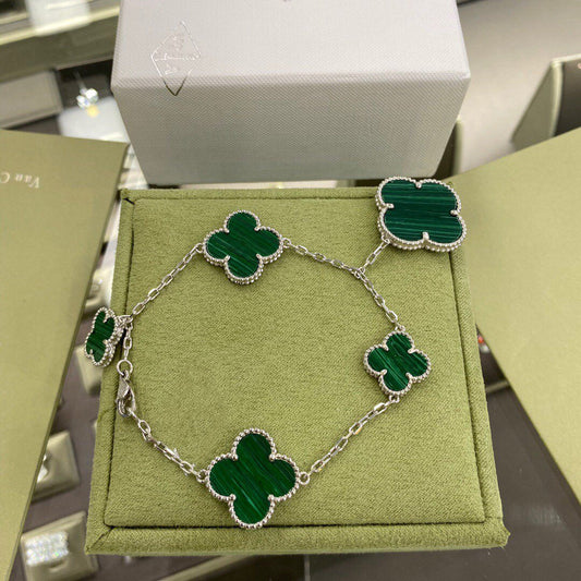 [Mystic]CLOVER 5 MOTIFS SIVLER MALACHITE BRACELET