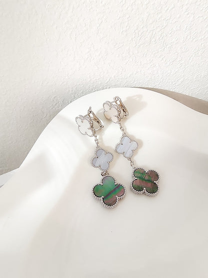 [Mystic]CLOVER 3 MOTIFS CHALCEDONY DARK MOP SILVER EARRINGS