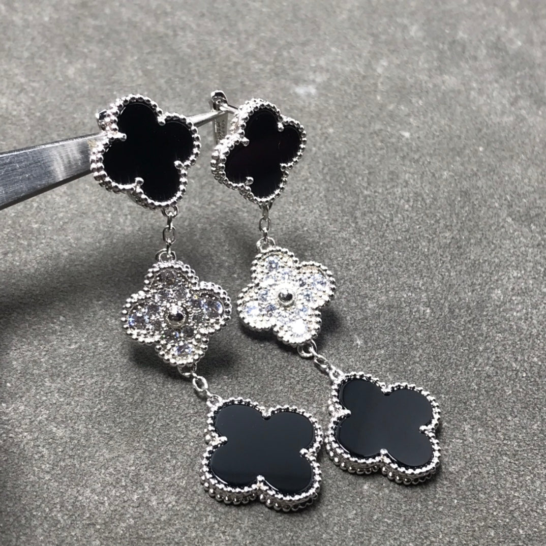 [Mystic]CLOVER 3 MOTIF DIAMOND ONYX SILVER EARRINGS
