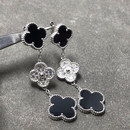 [Mystic]CLOVER 3 MOTIF DIAMOND ONYX SILVER EARRINGS