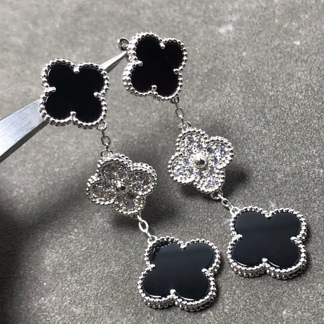 [Mystic]CLOVER 3 MOTIF DIAMOND ONYX SILVER EARRINGS