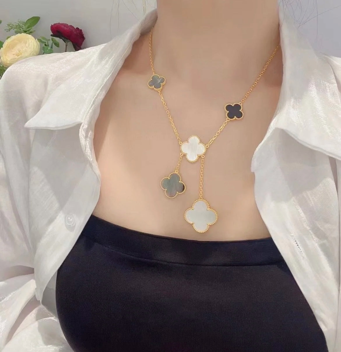 [Mystic]CLOVER 6 MOTIF MOP ONYX GOLD NECKLACE