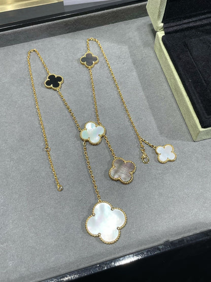[Mystic]CLOVER 6 MOTIF MOP ONYX GOLD NECKLACE