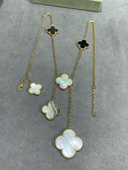 [Mystic]CLOVER 6 MOTIF MOP ONYX GOLD NECKLACE