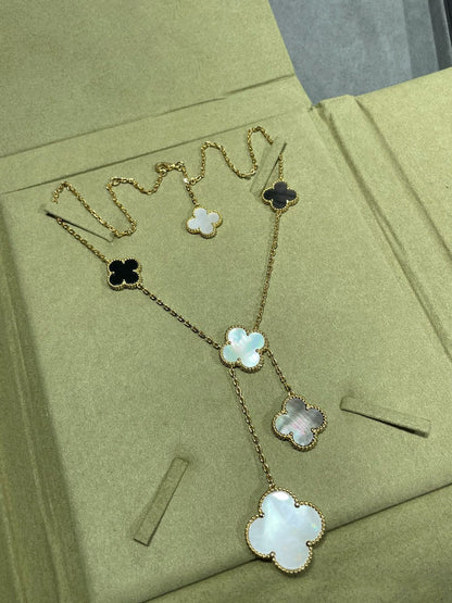 [Mystic]CLOVER 6 MOTIF MOP ONYX GOLD NECKLACE