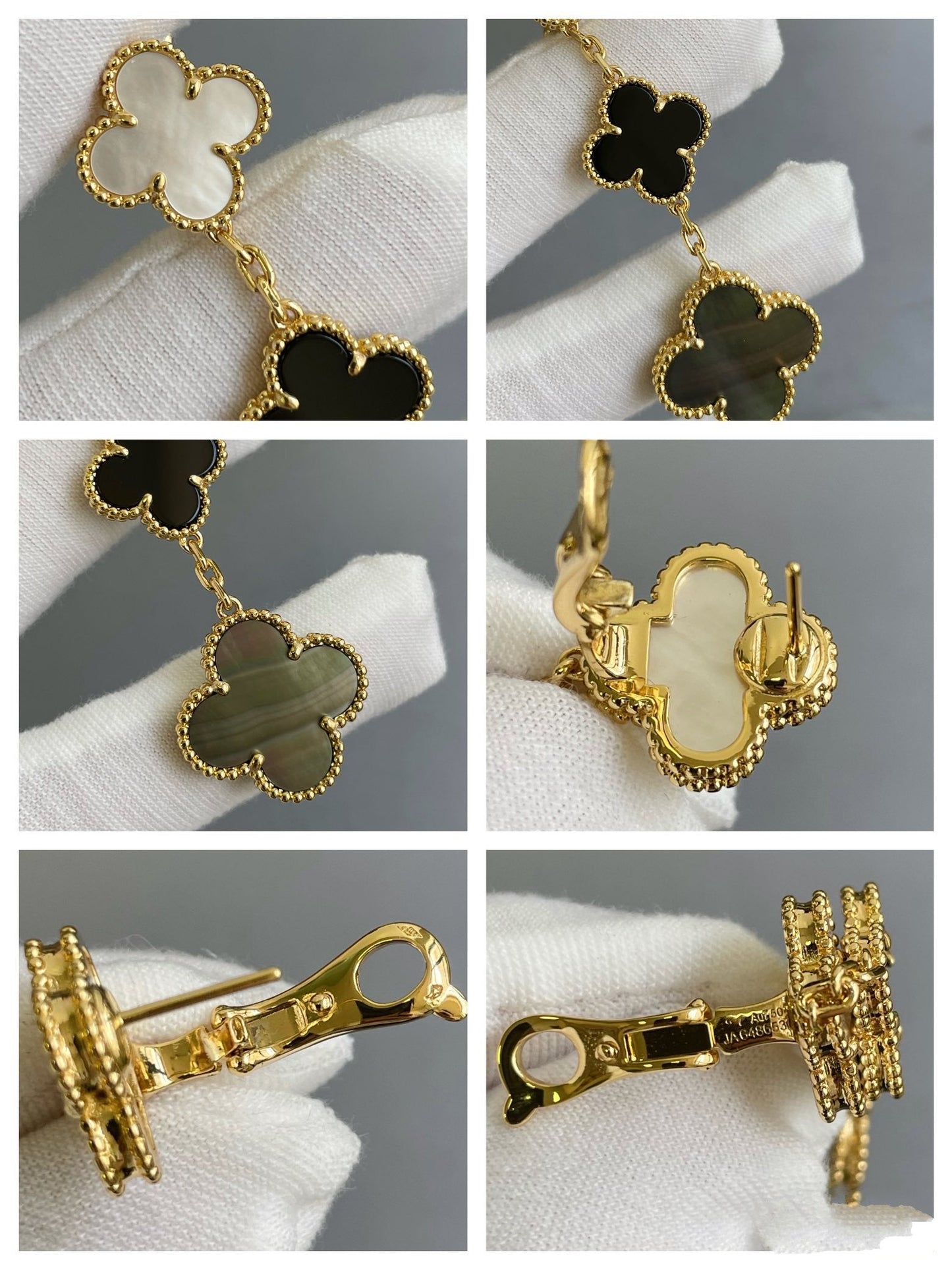 [Mystic]CLOVER 3 MOTIF MOP ONYX DARK MOP PINK GOLD EARRINGS