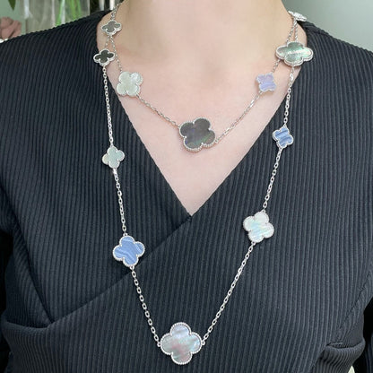 [Mystic]CLOVER 16 MOTIF CHALCEDONY MOP SILVER NECKLACE