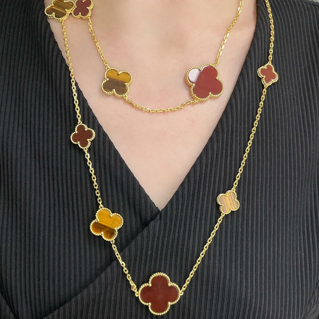 [Mystic]CLOVER 16 MOTIF CARNELIAN TIGER EYE ROSE GOLD NECKLACE