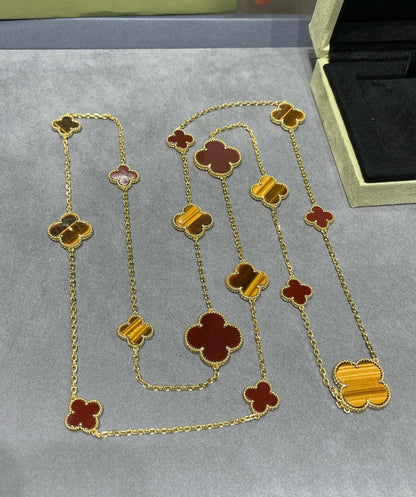 [Mystic]CLOVER 16 MOTIF CARNELIAN TIGER EYE ROSE GOLD NECKLACE