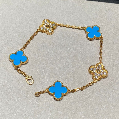 [Mystic]CLOVER 5 MOTIF BLUE CHALCEDONY DIAMOND GOLD BRACELET