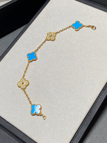 [Mystic]CLOVER 5 MOTIF BLUE CHALCEDONY DIAMOND GOLD BRACELET