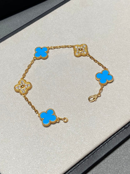 [Mystic]CLOVER 5 MOTIF BLUE CHALCEDONY DIAMOND GOLD BRACELET