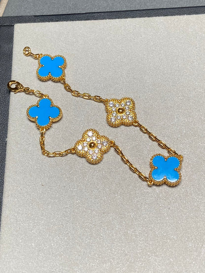 [Mystic]CLOVER 5 MOTIF BLUE CHALCEDONY DIAMOND GOLD BRACELET
