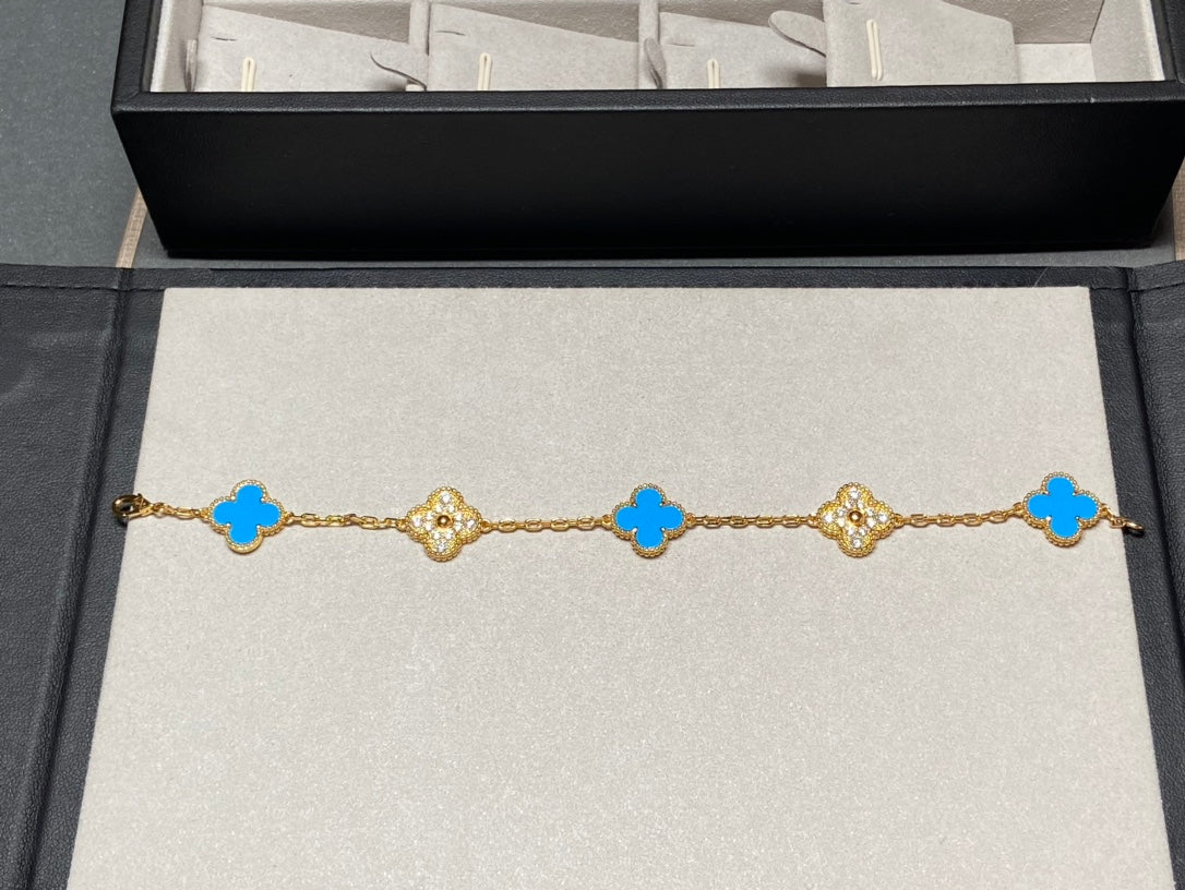 [Mystic]CLOVER 5 MOTIF BLUE CHALCEDONY DIAMOND GOLD BRACELET