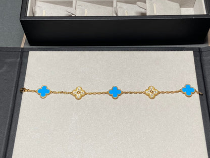 [Mystic]CLOVER 5 MOTIF BLUE CHALCEDONY DIAMOND GOLD BRACELET