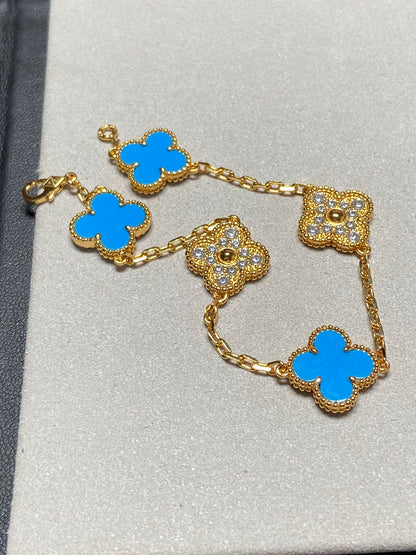 [Mystic]CLOVER 5 MOTIF BLUE CHALCEDONY DIAMOND GOLD BRACELET