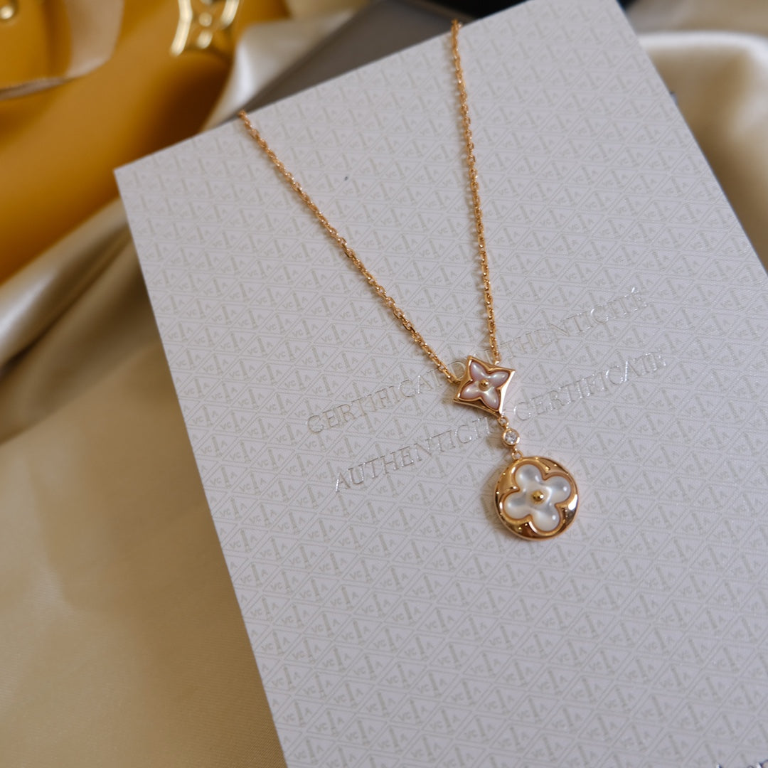[Mystic]STAR AND SUN WHITE MOP 2 MOTIF PINK GOLD NECKLACE