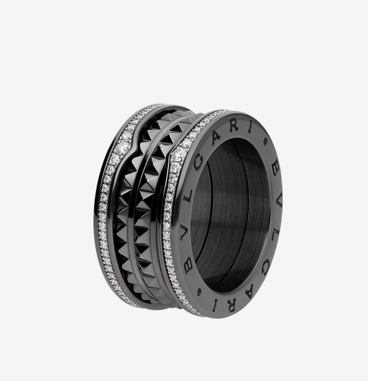 [Mystic]ZERO 1 ROCK FOUR-BAND BLACK CERAMIC WITH STUDDED SPIRAL AND PAVED DIAMONDS RING