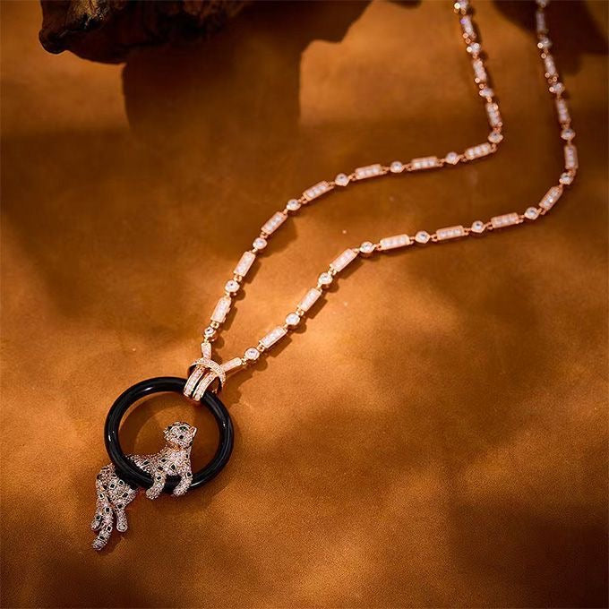 [Mystic]NEW BLACK CIRCLE PANTHER FULL DIAMOND NECKLACE