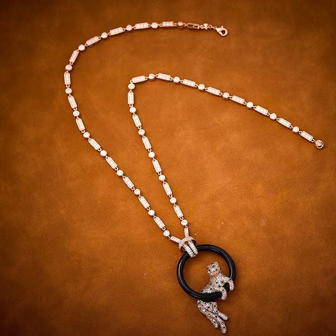 [Mystic]NEW BLACK CIRCLE PANTHER FULL DIAMOND NECKLACE