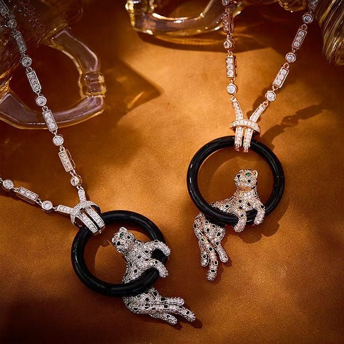 [Mystic]NEW BLACK CIRCLE PANTHER FULL DIAMOND NECKLACE