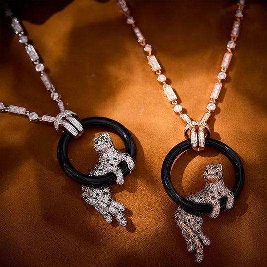 [Mystic]NEW BLACK CIRCLE PANTHER FULL DIAMOND NECKLACE