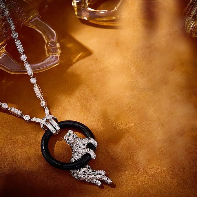 [Mystic]NEW BLACK CIRCLE PANTHER FULL DIAMOND NECKLACE