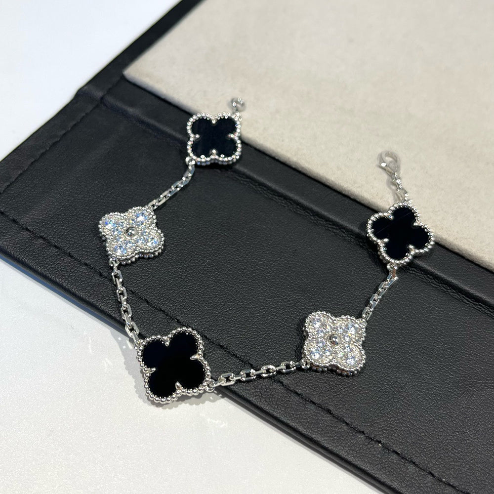 [ミスティック]クローバー 5モチーフ オニキス ダイヤモンド ブレスレット シルバー