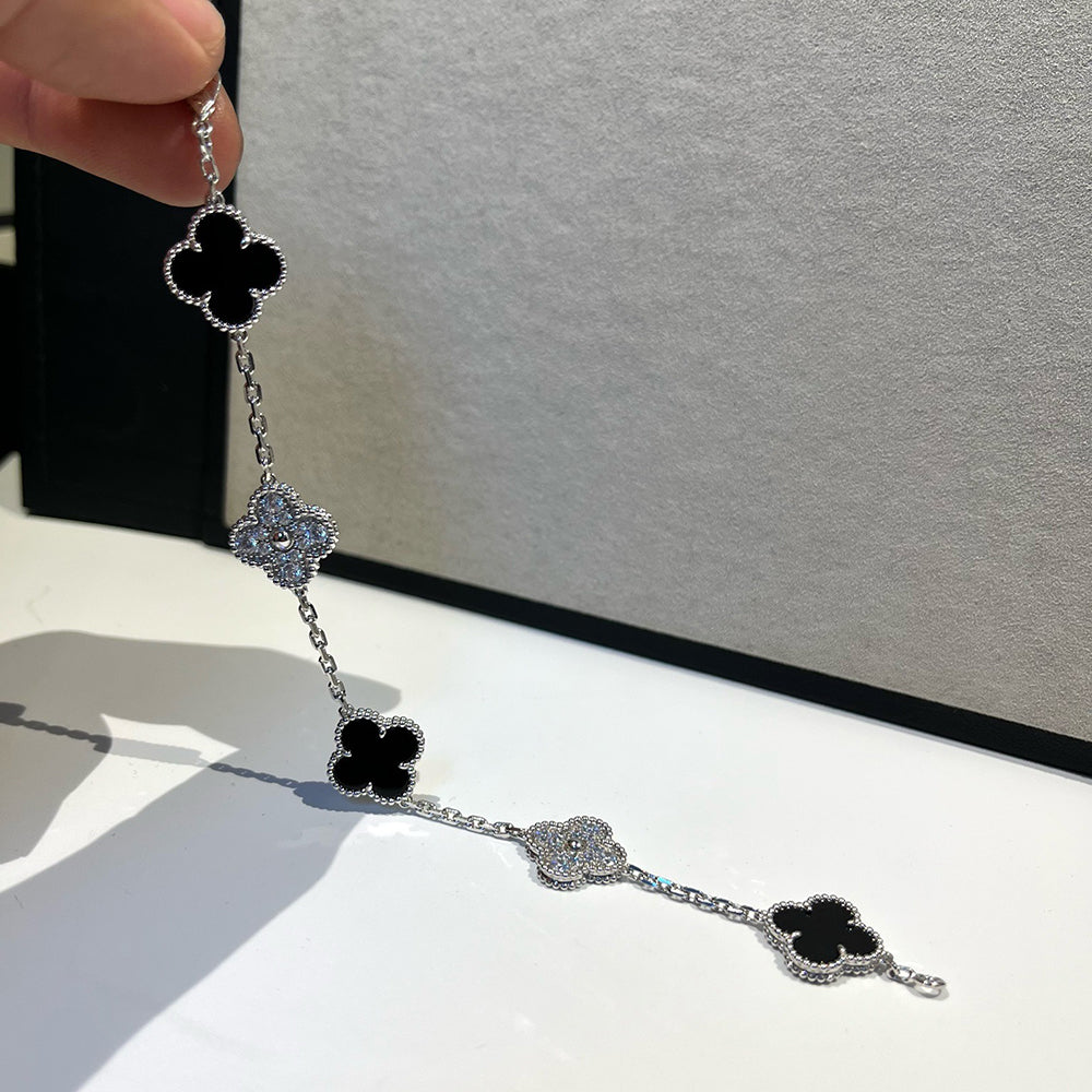 [ミスティック]クローバー 5モチーフ オニキス ダイヤモンド ブレスレット シルバー