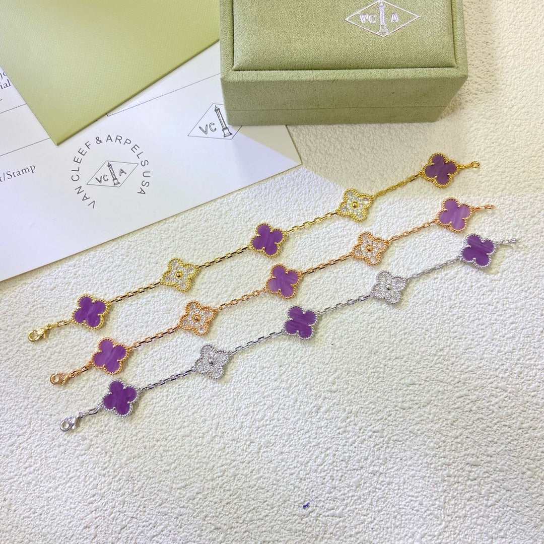 [Mystic]CLOVER  5 MOTIFS  PURPLE VIOLET DIAMOND BRACELET-w