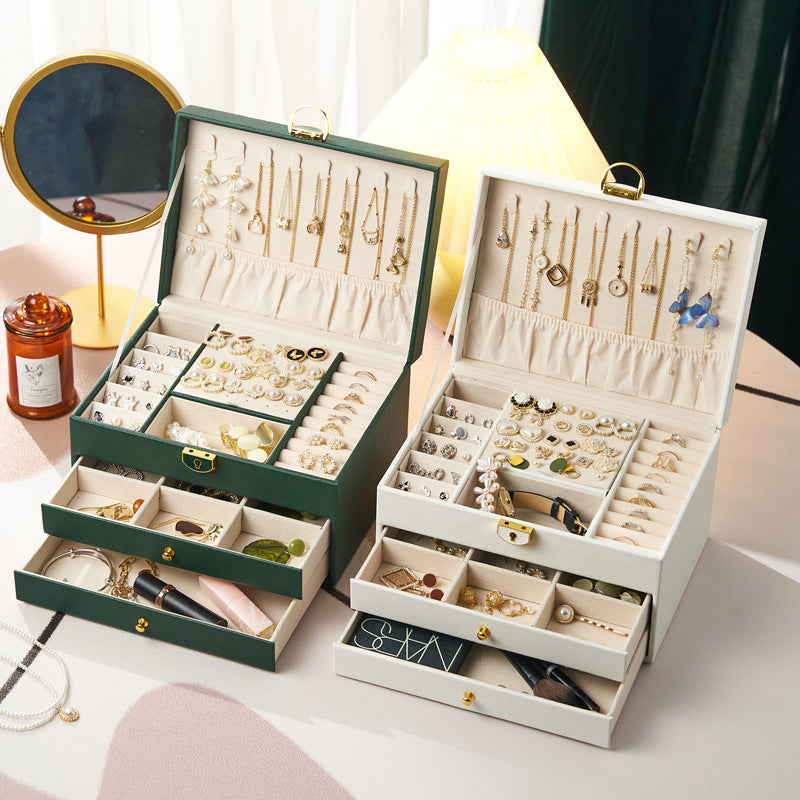 ひし形模様の鍵付き3層ジュエリーボックス