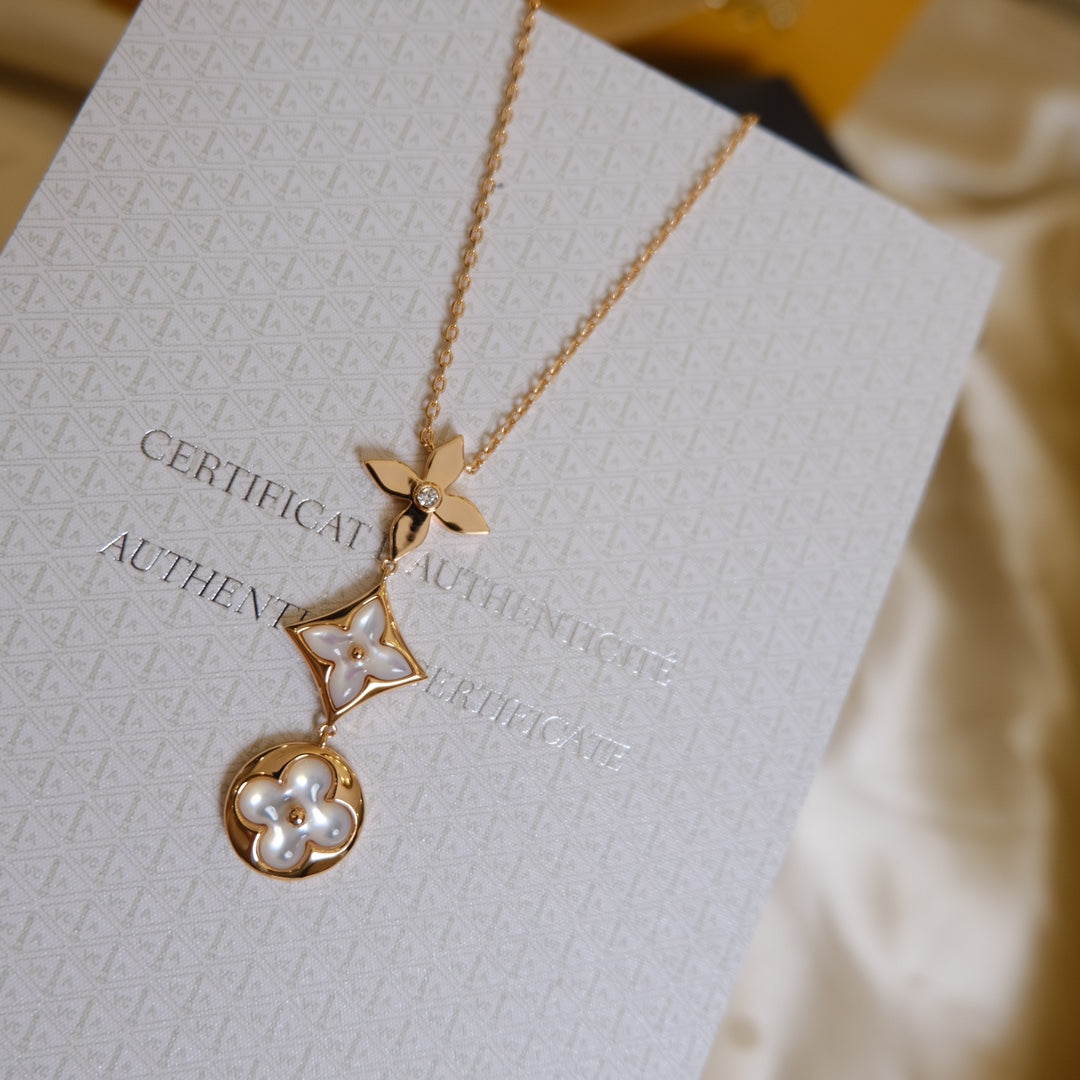 [Mystic]COLOR BLOSSOM LARIAT NECKLACE PINK GOLD WHITE MOTHER PEARL AND DIAMOND