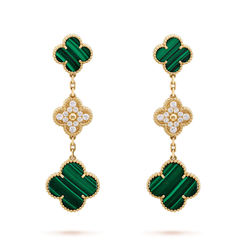 [Mystic]CLOVER EARRINGS GOLD MALACHITE DIAMOND 3 MOTIF