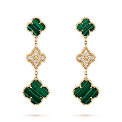 [Mystic]CLOVER EARRINGS GOLD MALACHITE DIAMOND 3 MOTIF