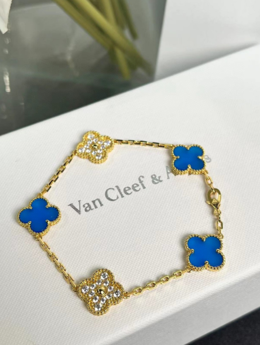 [Mystic]CLOVER 5 MOTIF DEEP BLUE CHALCEDONY DIAMOND GOLD BRACELET