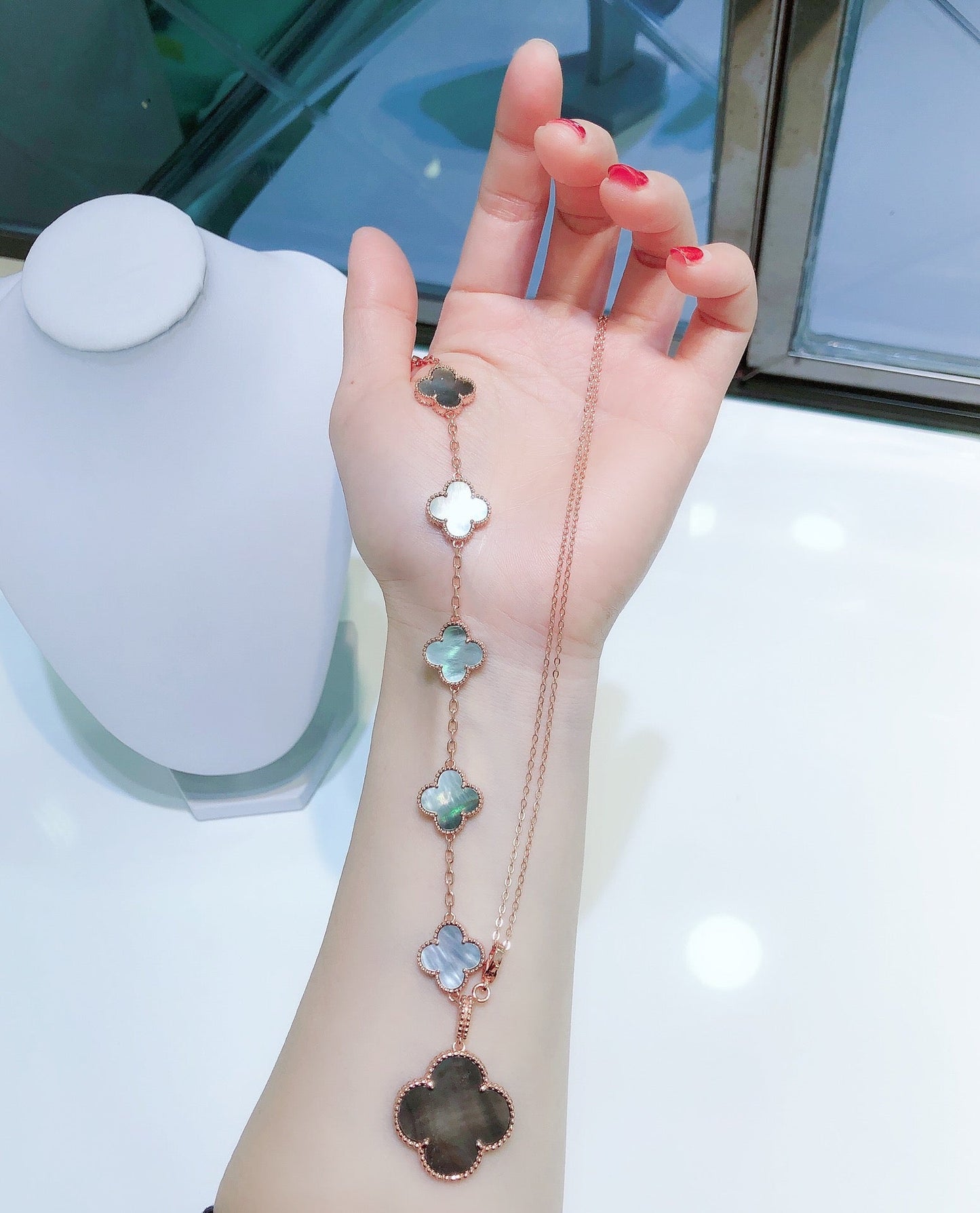 [Mystic]COMBINED BRACELET 5 MOTIFS AND NECKLACE DARK MOP ROSE GOLD