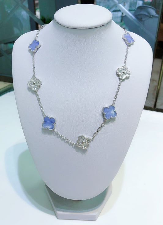 [Mystic]CLOVER 10 MOTIFS CHALCEDONY DIAMONDS SILVER NECKLACE