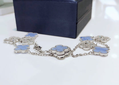 [Mystic]CLOVER 10 MOTIFS CHALCEDONY DIAMONDS SILVER NECKLACE