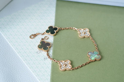 [Mystic]CLOVER 5 MOTIFS DARK MOP AND DIAMONDS PINK GOLD BRACELET